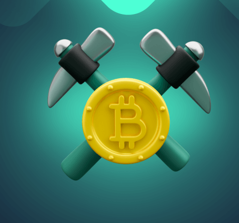 Illustration of two crossed pickaxes behind a Bitcoin symbol, set against a blue-green abstract background.