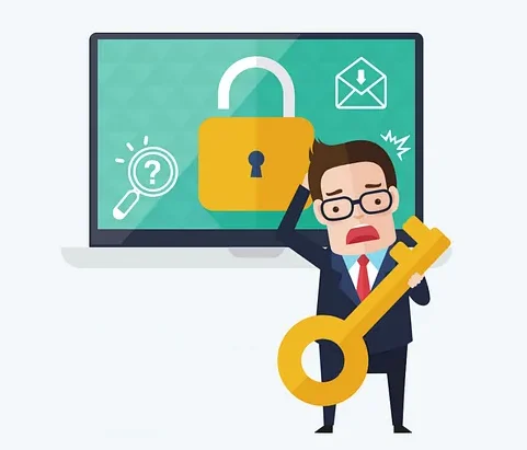 Illustration of a confused person in a suit holding a large key, standing next to a computer screen displaying an unlocked padlock icon, signifying the mystery of a lost private key.